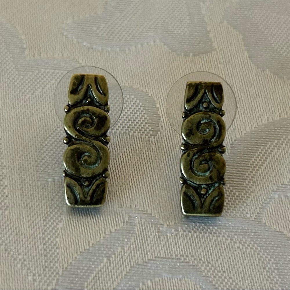 Art Deco/ Bohemian Chunky Brass-tone Earrings, Geometric Scrollwork